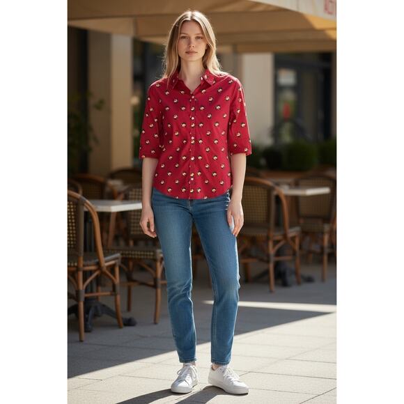 Lauren Ralph Lauren Red Floral Polka Dot Button Up Shirt Women’s Sz 8 Cotton - Picture 2 of 8